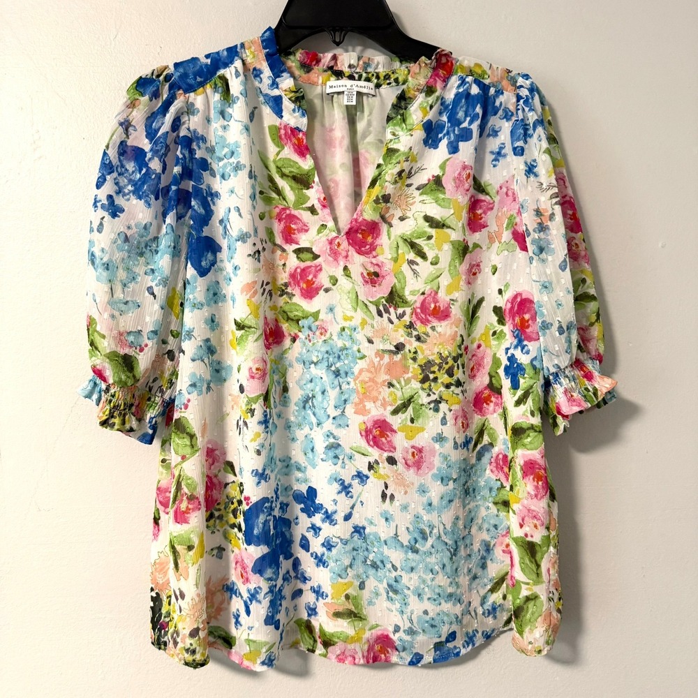 Maison d'Amélie Floral Puff Sleeve Blouse Blue Pink Green Size M V-Neck Popover